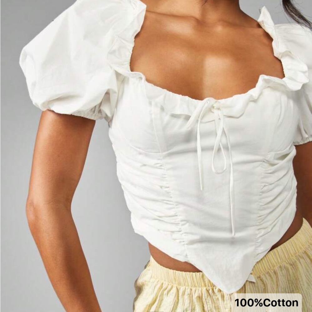 Ruched Corset Puff Sleeve Crop Top Square Neck Slim Fit